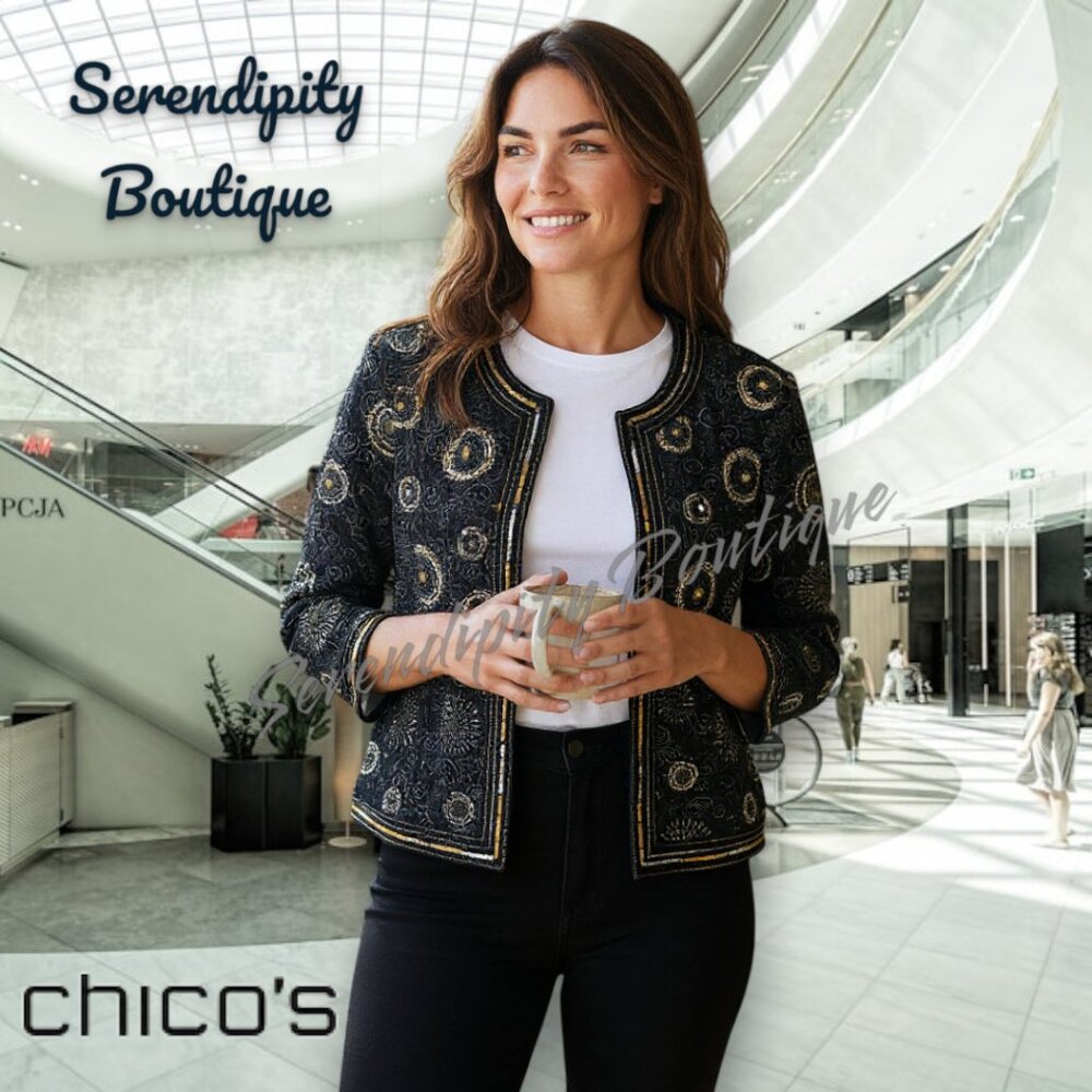 Chicos All Over Embroidery Beaded 100% Cotton Fully Lined Blazer Jacket